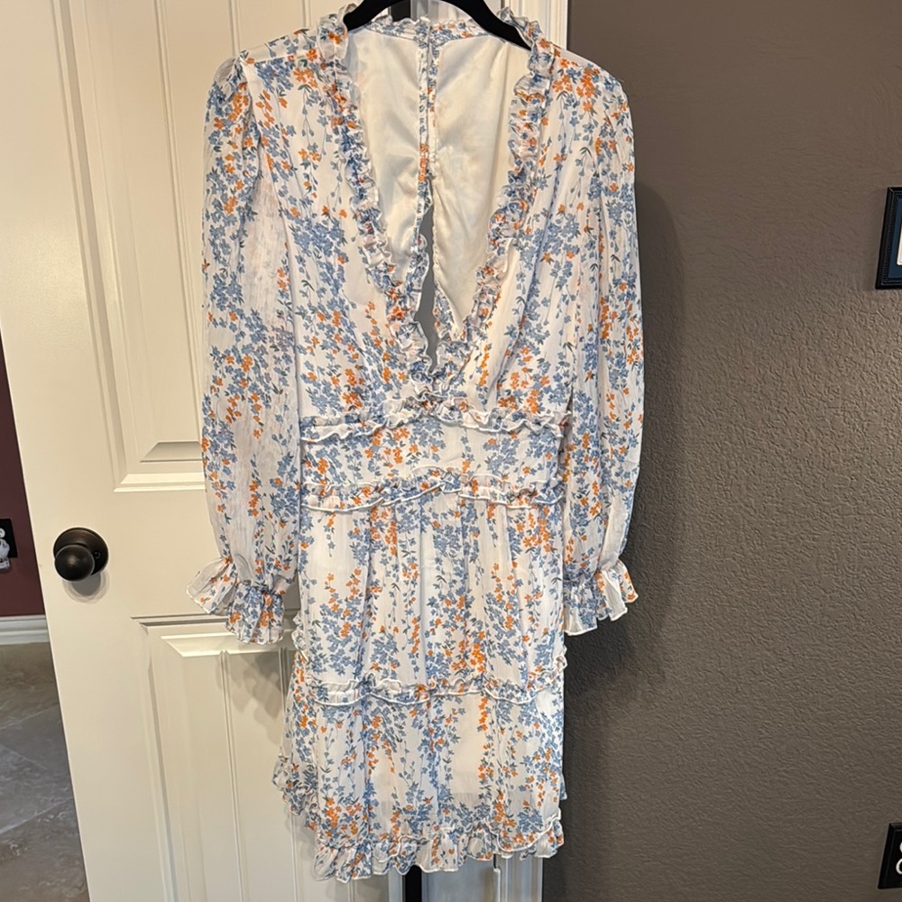 Blue Ruffled Wrap Dress with Long Bishop Sleeves